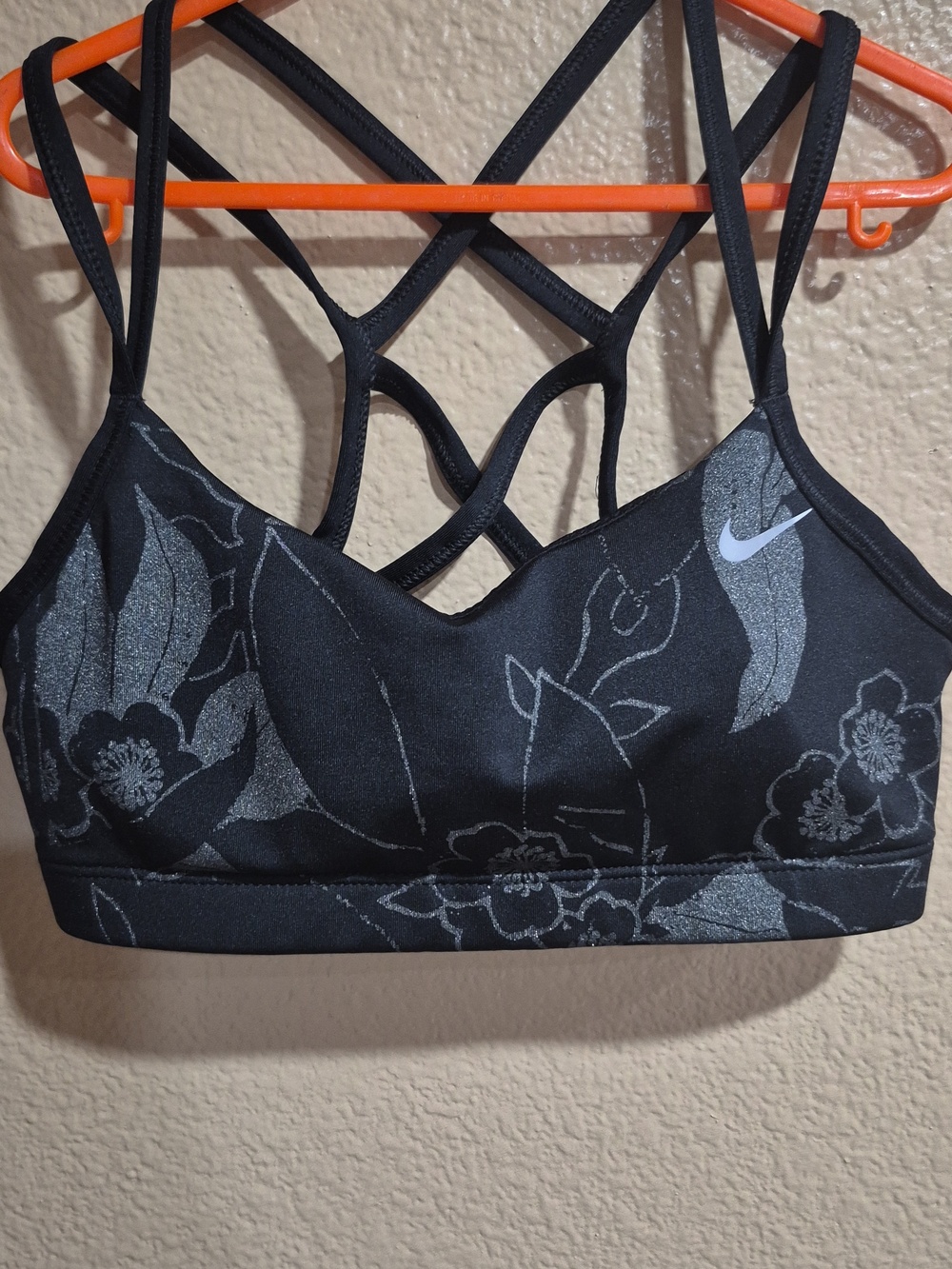 Nike Black Sports Bra with Silver Floral Print and Strappy Back